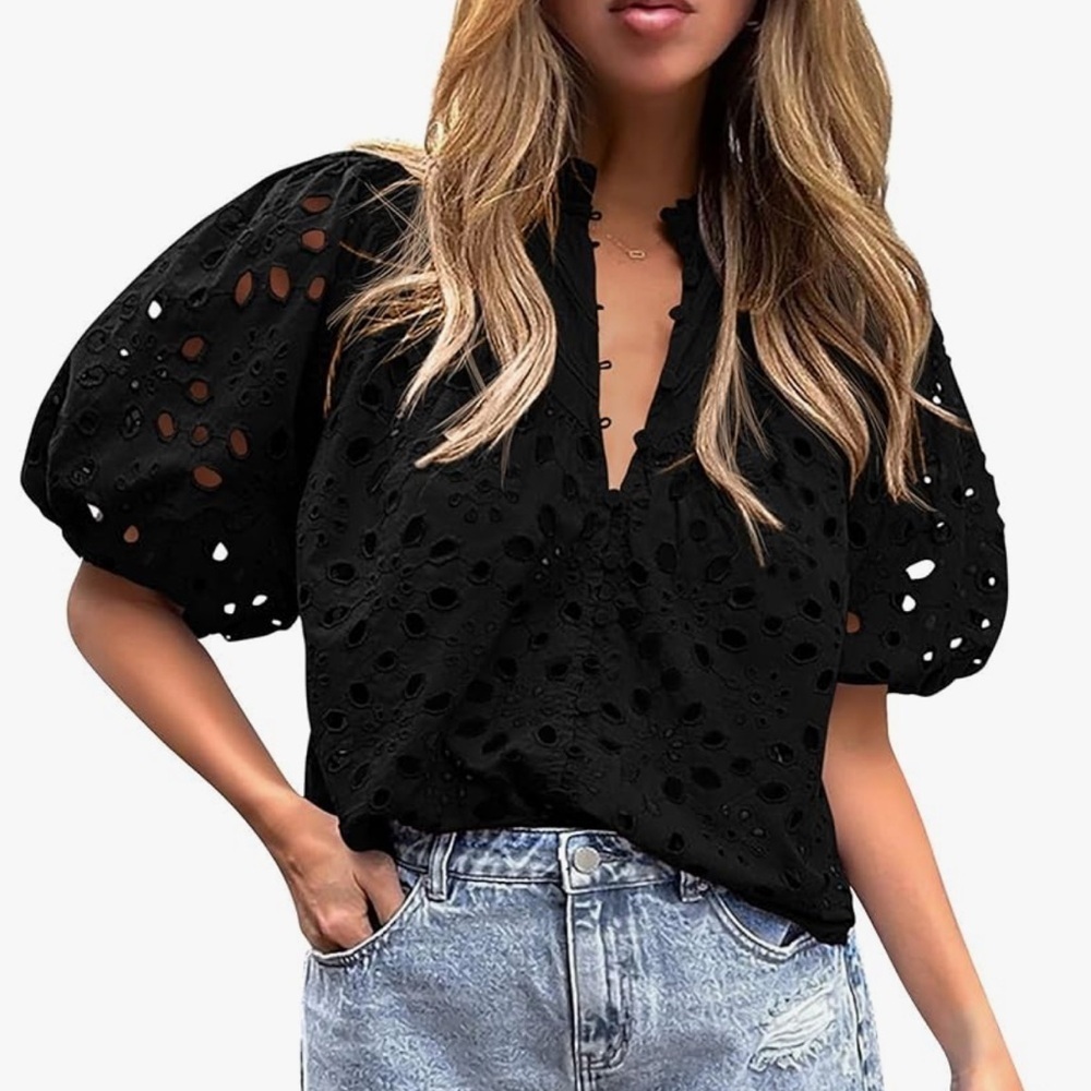 Pretty Garden Eyelet Short Lantern Puffy Sleeve  Blouse Black Size XL - Picture 7 of 7